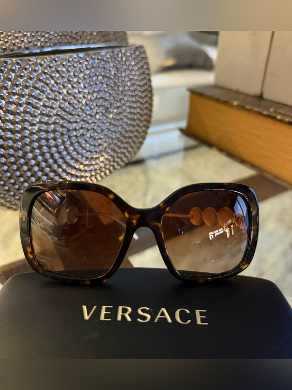 Versace Women’s Brown Tortoiseshell Gold Logo Sunglasses